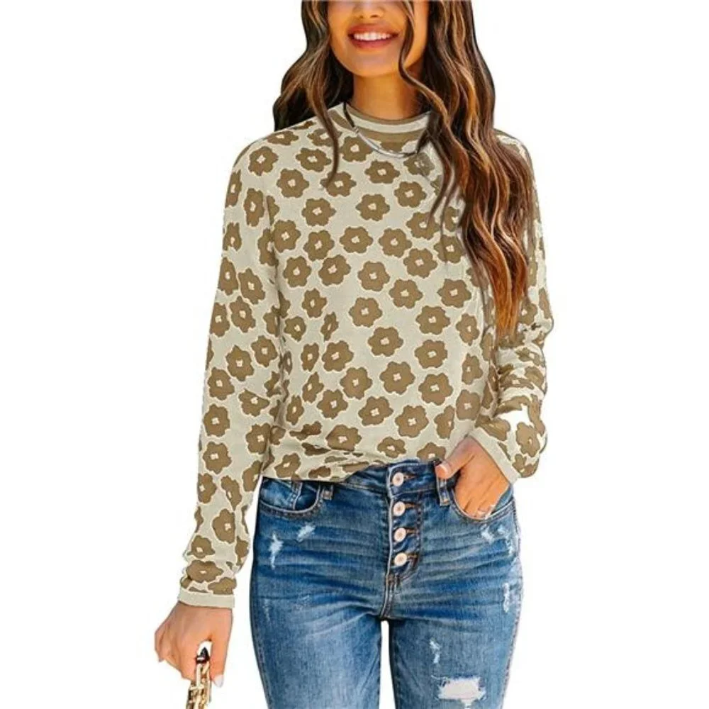 Women's Knit Floral Print Sweater Crewneck Long Sleeve Lightweight Sweatshirt